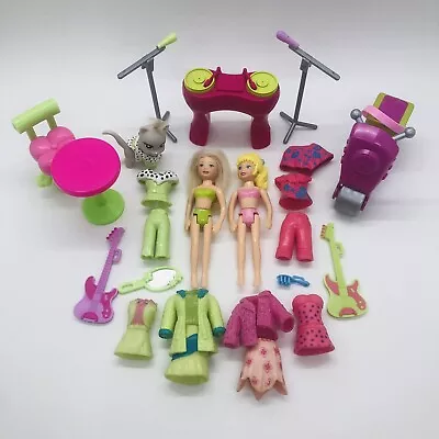 Polly Pocket Lot Of Dolls W/ Pink & Green Clothing Cat Bike Guitars Music • $29.99