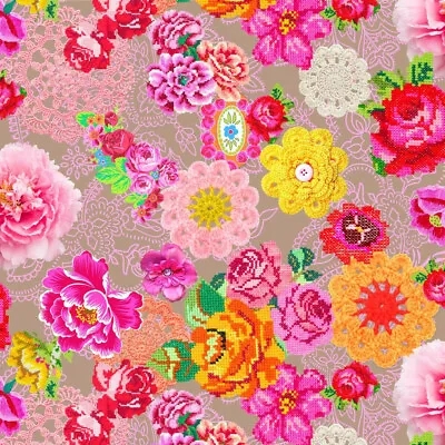 Digital Floral Cotton Elastane Beige Jersey Fabric 1.4m Wide By The 0.5m • £1.50