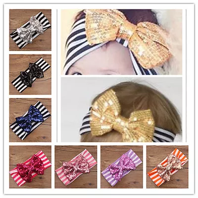 $4.99 • Buy Kids Girls Toddler Baby Sequined Bow Elastic Headband Hair Band Accessories