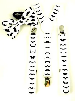 White With Black Mustaches Adjustable Suspenders And Matching Bow Tie Combo Set  • $11.99