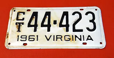 $11 • Buy Vintage 1961 Virginia Va. License Plate Tag White / Black Ct 44-423 ** Patina **