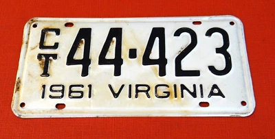 $11 • Buy Vintage 1961 Virginia Va. License Plate Tag White / Black Ct 44-423 ** Patina **