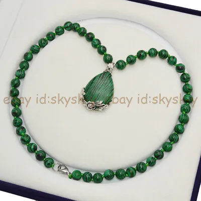 Green Malachite 6/8/10/12mm Round Gemstone Beads Teardrop Pendant Necklace • $5.38