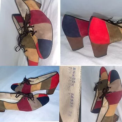 VTG 60s 70s Womens 8.5 Suede Rainbow Colorblock Laced High Heel Shoes • $185.47