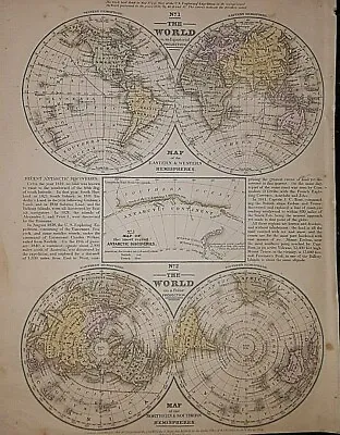 1855 S.A. Mitchell's Atlas Map WORLD HEMISPHERES - POLAR & EQUATORIAL PROJECTION • $18