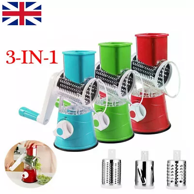 Cheese Grater Rotary Handheld Fruit Vegetable Slicer Shredder 3 Drum Blades UK • £9.35