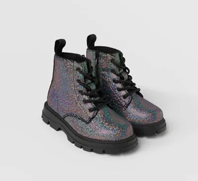 NWT Zara Baby Girl Holographic Iridescent Rainbow Black Ankle Boot Shoes 7 • $34.99