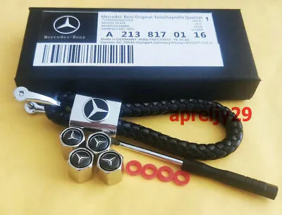 $19.99 • Buy Mercedes Benz Luxury Leather Keyring Fob With Tyre Valve Dust Caps Gift Box