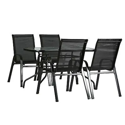 5pc Garden Furniture Set Glass Top Outdoor Bistro Table Chair 120x70cm Black • £160