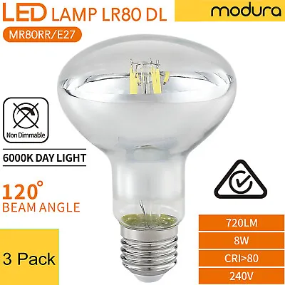 3 X R80 E27 8W 6000K 720lm Daylight Reflector LED Filament Bulb Lamp ES Globe • $44.99