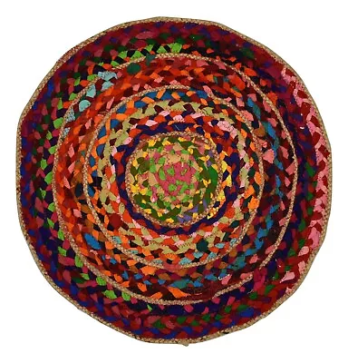 Fair Trade Recycled Cotton & Jute Round Rag Rug - Multicolour Rainbow 50cm (RD1) • £15.49