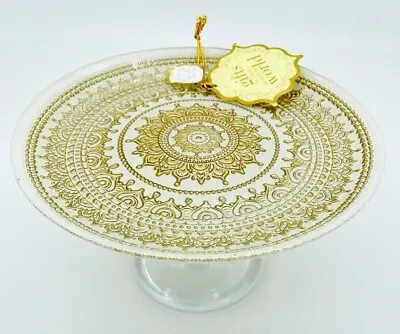 Turkish Glass White Cake Stand Glass Pedestal Dessert Platter Gold Lace 8.2  • £47.29