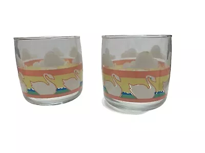 Set Of 2 Vtg 80's Pastel Swans Anchor Hocking Plaza 9.5 Oz. Rocks Glasses • $24.99