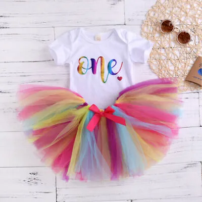 Newborn Baby Girl Birthday Party Dress ONE Romper Tops Tutu Skirt Outfit Clothes • £8.99