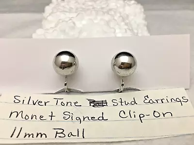 Vintage Monet Signed Silver Tone Ball Stud Clip On Earrings 11 Mm • $13