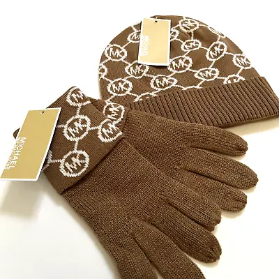 NWT Bundle 2PC MICHAEL KORS Gloves + Hat Beanie Signature Logo Acrylic Brown • $49.95