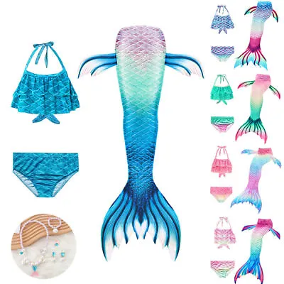 UK Kids Mermaid Tail Swimwear Girls Swimsuit Swimming Bikini Costume 3 Piece Set • £18.99