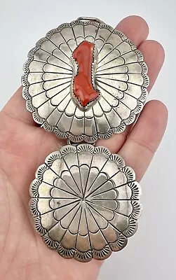 Vintage Navajo Sterling Silver Natural Red Coral Stamped Concho Pendant 4.75  • $219