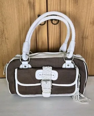 RAFE For Target Brown Canvas W/White Faux Leather Trim Handbag Purse Satchel • $12.98