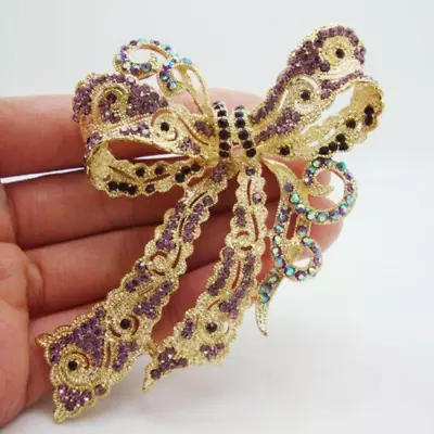 Vintage Charming Bridal Butterfly Bowknot Crystal Brooch Pin Purple Rhinestone • $5.39