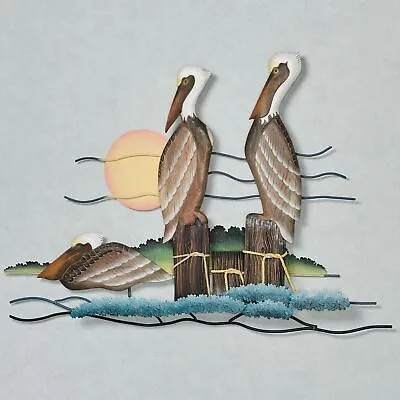 Pelican Trio Coastal Bird Ocean Fruitwood Metal Beach Wall Art Sculpture • $269.99