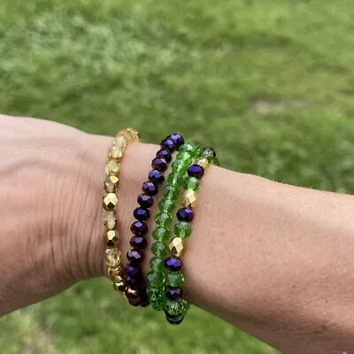 Handmade Acrylic Bead Mardi Gras Stretch Bracelets Set Of 4 Purple Green & Gold • $16