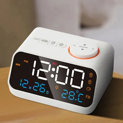 LED Digital Alarm Clock Time Calendar Temperature FM Radio Bedside Snooze Clock • £23.99