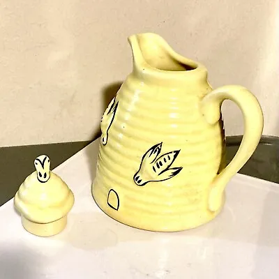 Vintage Yellow Bees Honey Pot Jar Beehive With Lid Made In USA Ceramic Farmhouse • $17.50