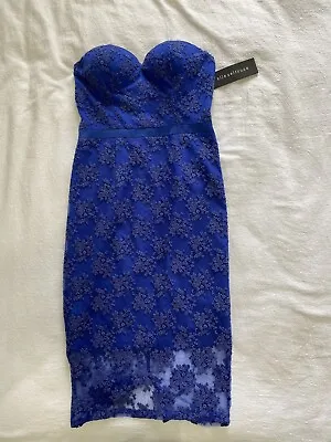 BNWT Elle Zeitoune Sz 8 RP $349 Cobalt Blue Lace Strapless Dress Midi Cocktail • $156
