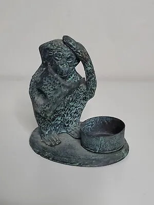 Paradigm India Green Patina Finish Metal Monkey Reading Book Candle Holder • $14.99