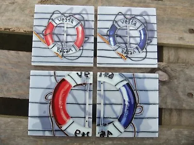 Nautical Coasters Ceramic & Cork Vesta Life Buoy Ring Seaside Red Blue 10x10cm • £10