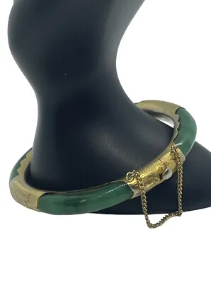 Vintage Gold Plated Green Jade Jadeite Hinged Bangle Bracelet • $79