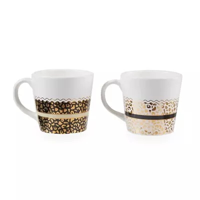 London Leo Set Of Two Mugs Stoneware Black And Gold Tone  Convenient Handle • £20.15