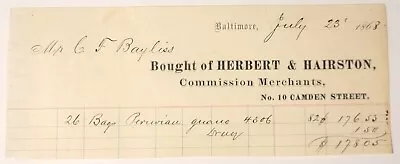 Herbert & Hairston Baltimore MD 1868 Billhead For Peruvian Guano Fertilizer • $11.89