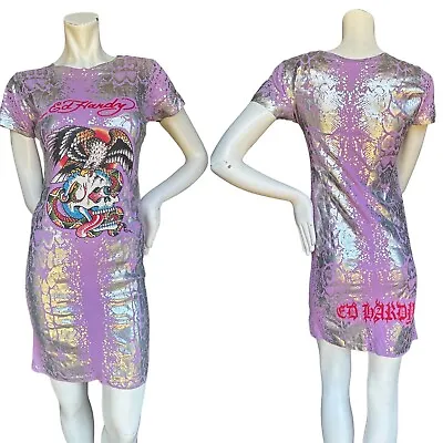 Y2K Ed Hardy Purple & Silver Metallic Foiled Bedazzled Mini T Shirt Dress Medium • $49.99