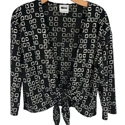 Leslie Faye Womans Knit Shrug Topper Tie Front Black Pattern 3/4 Sleeve Size 14 • $19.99