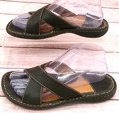 Born Slide Sandals Womens Size 8 Leather Dark Brown Comfort Crossed Strap Flats • $24