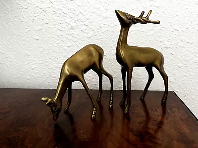 Vintage Set 2 Brass Deer  & Doe Decor Figurines MCM - 4.5 & 6 Inch • $19