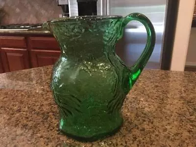 Vintage MORGANTOWN Green Crinkle Glass Pitcher Beverage Carafe Jug PERFECT • $44.99