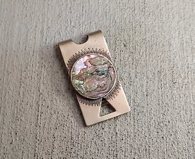 Vintage ALPACA Money Clip Abalone Shell Silver Tone Hecho Mexico Round • $30