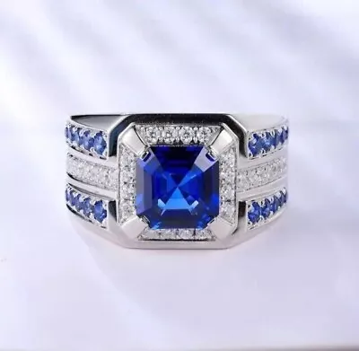 14K White Gold Plated 4Ct Asscher Lab Created Sapphire Halo Men's Gifts Ring • $123.37