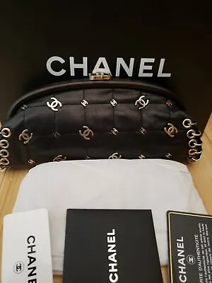 Vintage Chanel Black Leather  Clutch Chanel Logo Charms Gold Hardware Bag 10x4.5 • $5995