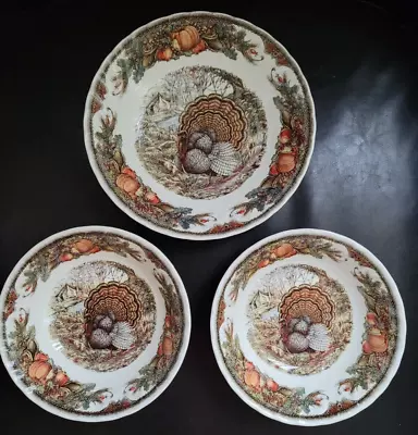 Set Of 3 Queens Harvest Bounty 8  Soup & 6 1/2  Cereal Bowls Turkey Thanksgiving • $24.99