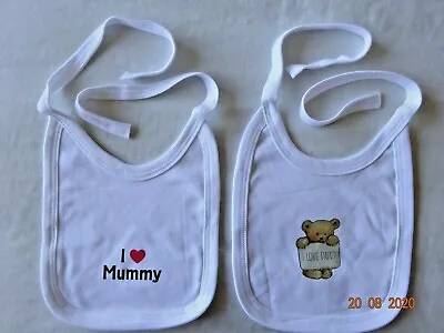 CUTE Cotton I Love My DADDY MUMMY NEWBORN BABY FIRST Feeding White Tie Up Bib • £1.60