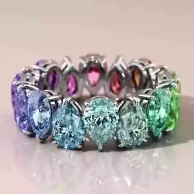 12Ct Pear Rainbow Color Lab Created Sapphire Eternity Ring 925 Silver Sterling • $199.99
