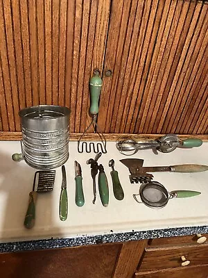 Lot Of 10 Antique Vintage Primitive Green Wood Handled Kitchen Utensils • $27.98