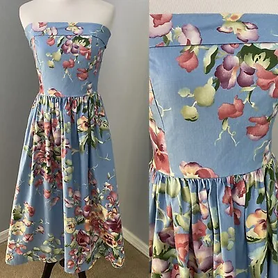 Vintage 1980’s Blair Woolverton 6 Floral Chintz Dress Strapless Blue Floral Tea • $49.99