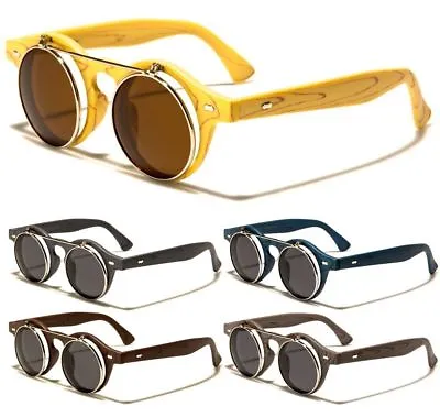 Wood Frame Flip Up Sunglasses Clear Lens Retro Steampunk Round Designer Fashion • $8.95