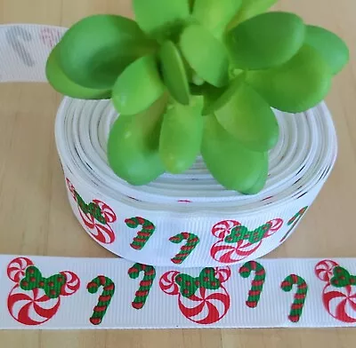 7/8 Inch (1YD) Mickey Mouse Christmas Grosgrain Ribbon Candy Cane Peppermint • $1.20