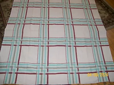 Vintage 50's Cotton/Linen Blend PLAID Tablecloth TURQUOISE Burgandy GRAY 49x48 • $15.99